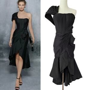 NEW TARIK EDIZ Black Merla Formal Dress Size 4 One Shoulder Ruffle Hem Corset